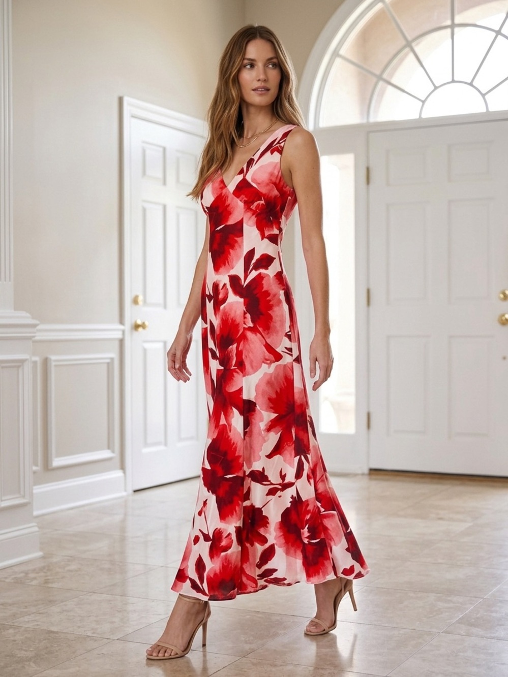 NWT  Paper Heart Linen Blend Red Floral V-Neck Maxi Dress Size M